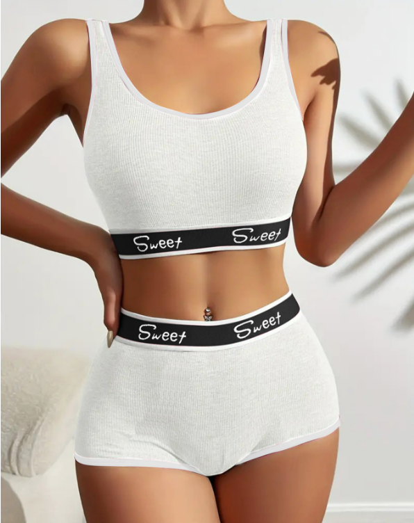 "Letter Print Bra Panties Ribbed Wireless Bra Elastic Panties "